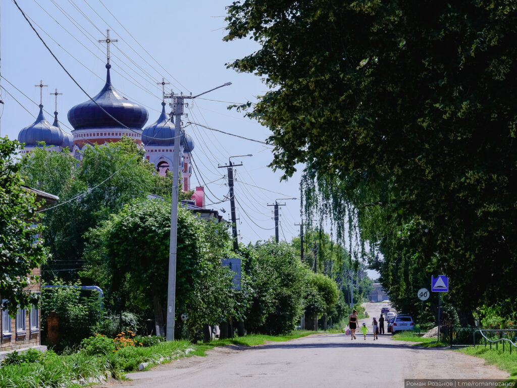 Улица с зелеными деревьями и церковными куполами.