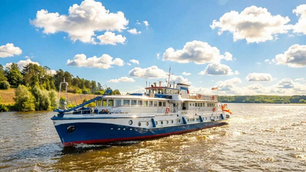 Теплоход движется по реке под голубым небом с облаками.